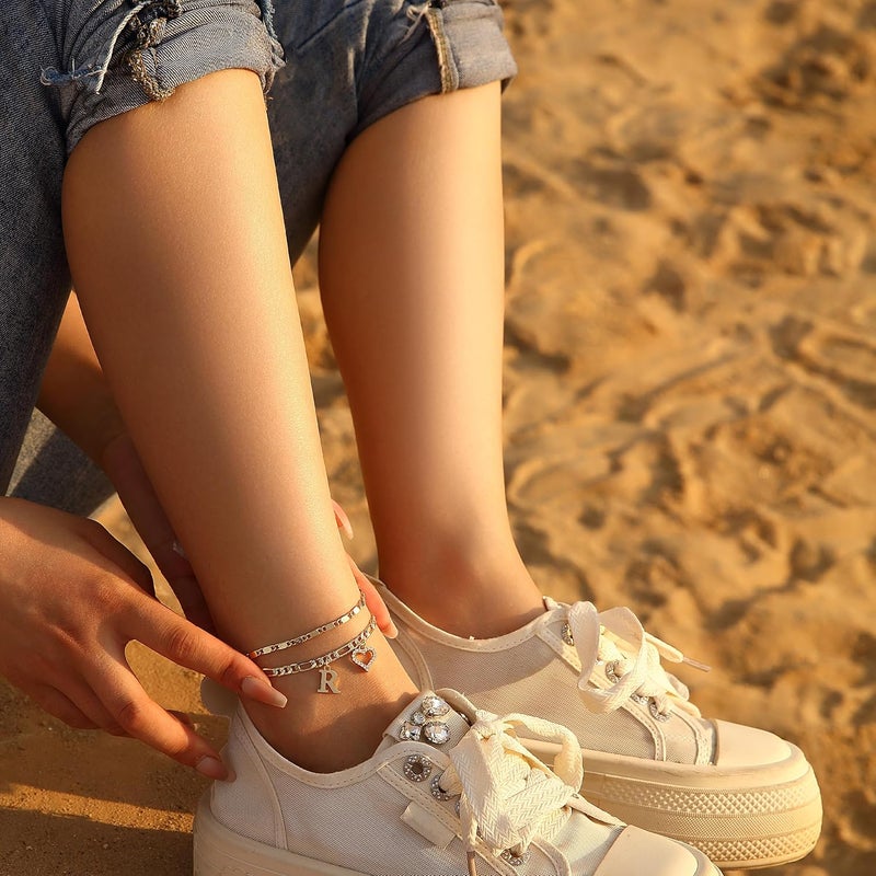 Wremily Initial Ankle Bracelets for Women Waterproof 14K Gold Plated Dainty Layered Figaro Chain Letter Initial CZ Heart Ankle Bracelets Set Summer Beach Jewelry for Women - Image 3